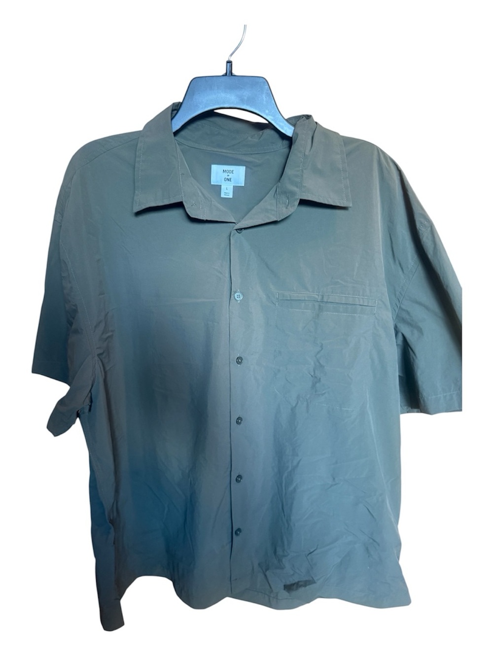 Mode of One Men's Short-Sleeve Button-Down Shirt in Olive Color Size L.